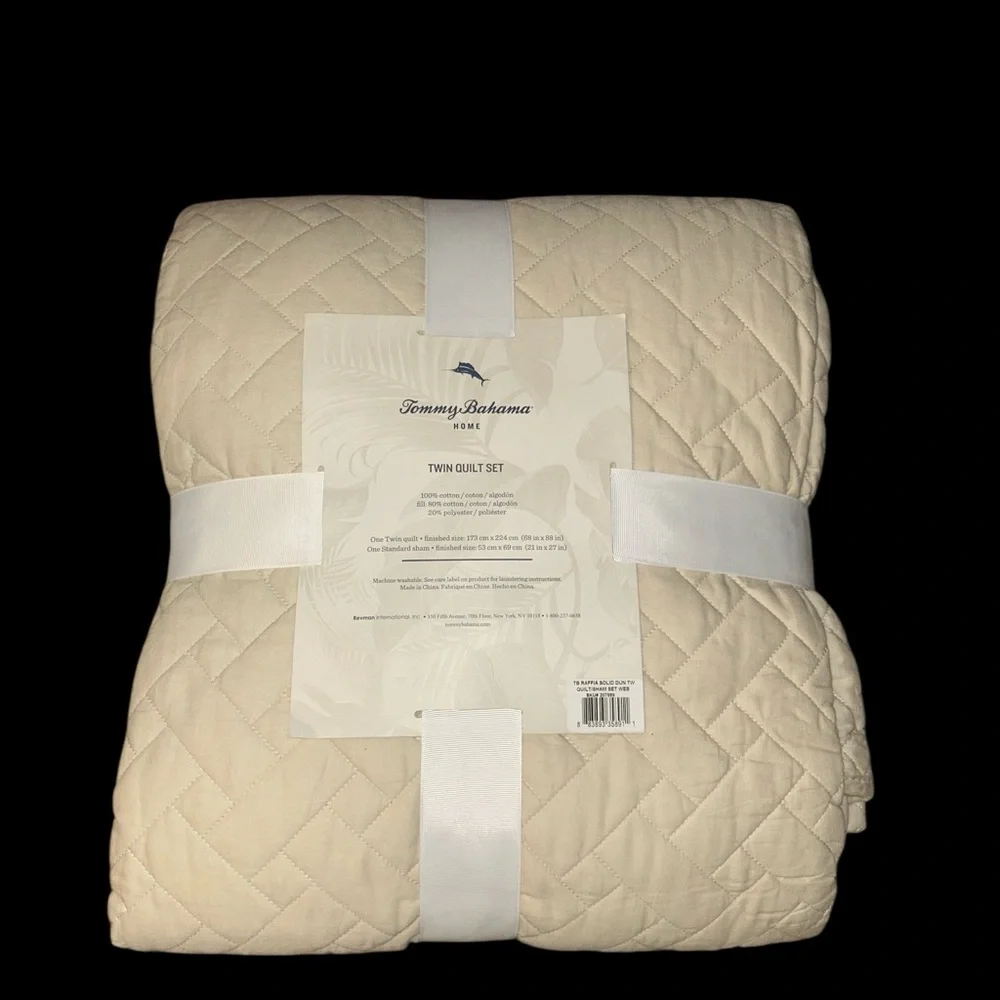 NWT Tommy Bahama Beige Raffia Solid 2-Piece Twin Quilt Set Coastal Prep Classic